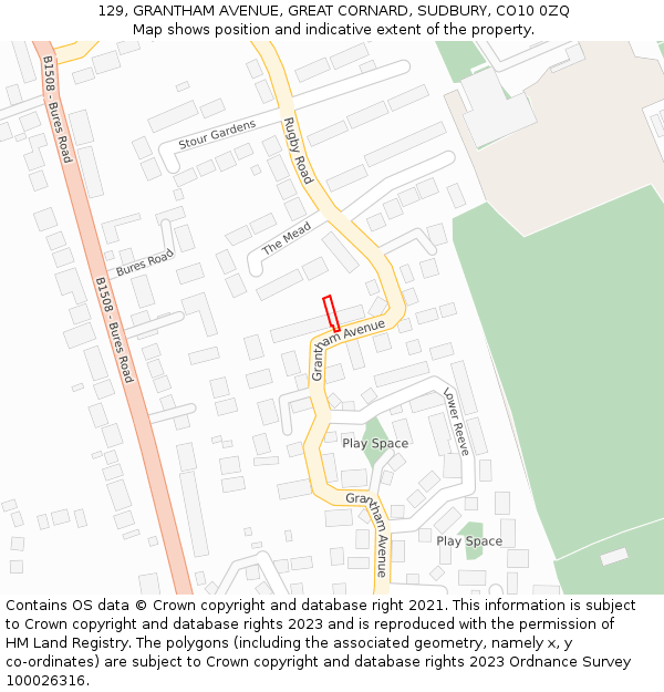 129, GRANTHAM AVENUE, GREAT CORNARD, SUDBURY, CO10 0ZQ: Location map and indicative extent of plot