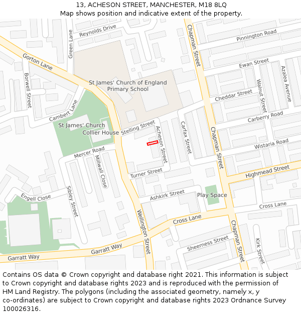 13, ACHESON STREET, MANCHESTER, M18 8LQ: Location map and indicative extent of plot