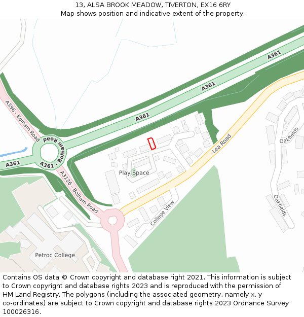13, ALSA BROOK MEADOW, TIVERTON, EX16 6RY: Location map and indicative extent of plot