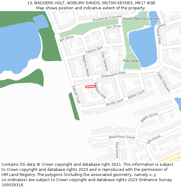 13, BADGERS HOLT, WOBURN SANDS, MILTON KEYNES, MK17 8GB: Location map and indicative extent of plot