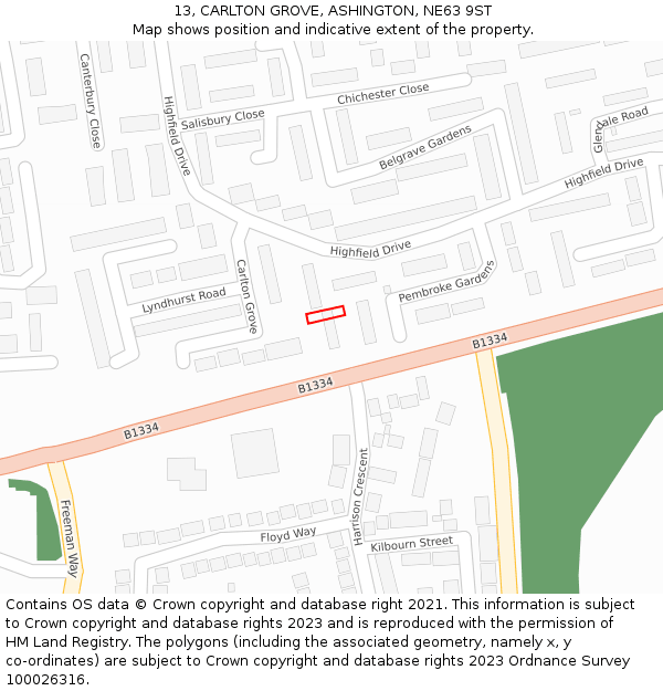 13, CARLTON GROVE, ASHINGTON, NE63 9ST: Location map and indicative extent of plot