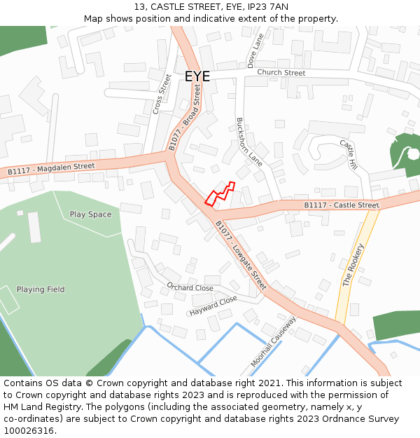 13, CASTLE STREET, EYE, IP23 7AN: Location map and indicative extent of plot