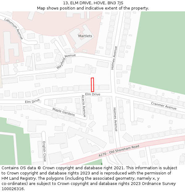 13, ELM DRIVE, HOVE, BN3 7JS: Location map and indicative extent of plot