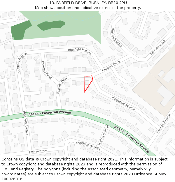13, FAIRFIELD DRIVE, BURNLEY, BB10 2PU: Location map and indicative extent of plot