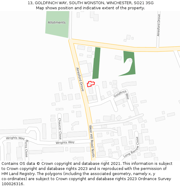 13, GOLDFINCH WAY, SOUTH WONSTON, WINCHESTER, SO21 3SG: Location map and indicative extent of plot
