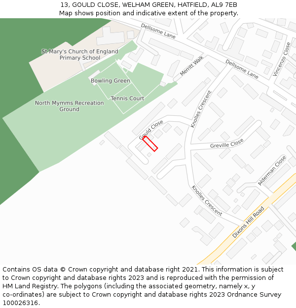 13, GOULD CLOSE, WELHAM GREEN, HATFIELD, AL9 7EB: Location map and indicative extent of plot