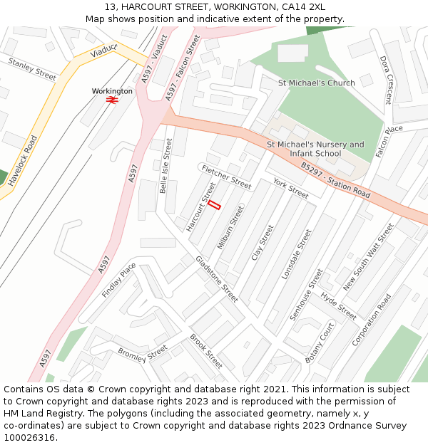 13, HARCOURT STREET, WORKINGTON, CA14 2XL: Location map and indicative extent of plot