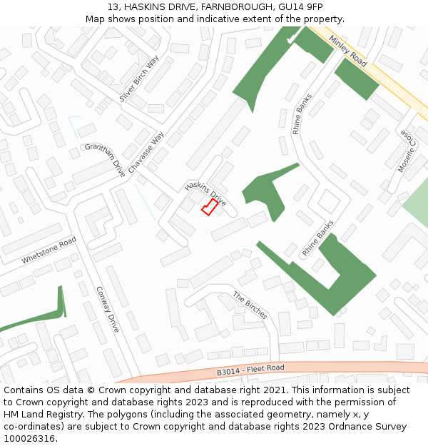 13, HASKINS DRIVE, FARNBOROUGH, GU14 9FP: Location map and indicative extent of plot