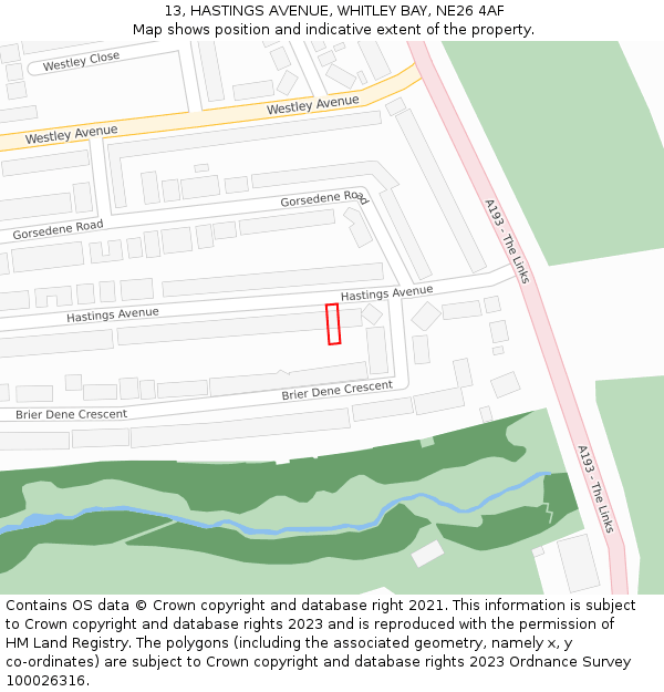 13, HASTINGS AVENUE, WHITLEY BAY, NE26 4AF: Location map and indicative extent of plot