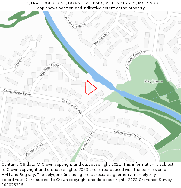 13, HAYTHROP CLOSE, DOWNHEAD PARK, MILTON KEYNES, MK15 9DD: Location map and indicative extent of plot