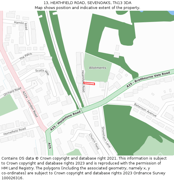 13, HEATHFIELD ROAD, SEVENOAKS, TN13 3DA: Location map and indicative extent of plot