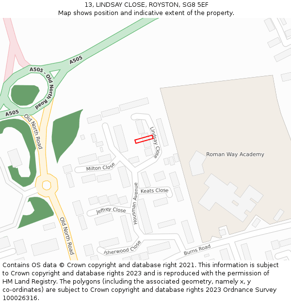 13, LINDSAY CLOSE, ROYSTON, SG8 5EF: Location map and indicative extent of plot