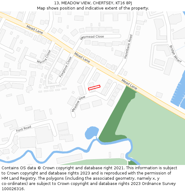13, MEADOW VIEW, CHERTSEY, KT16 8PJ: Location map and indicative extent of plot