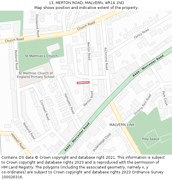 13, MERTON ROAD, MALVERN, WR14 1ND: Location map and indicative extent of plot