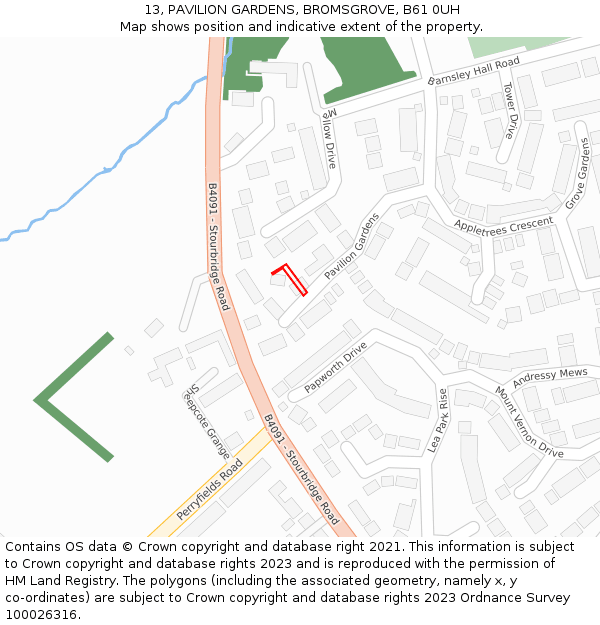 13, PAVILION GARDENS, BROMSGROVE, B61 0UH: Location map and indicative extent of plot