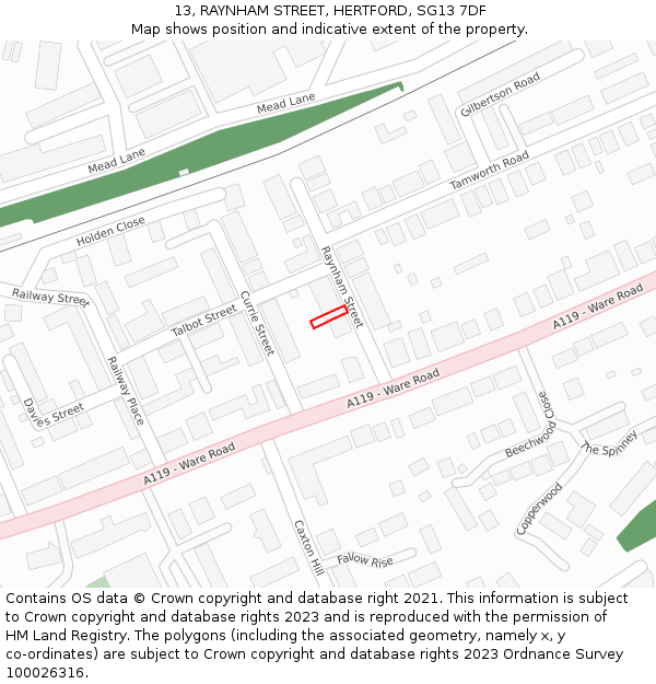13, RAYNHAM STREET, HERTFORD, SG13 7DF: Location map and indicative extent of plot
