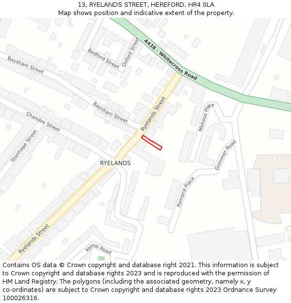 13, RYELANDS STREET, HEREFORD, HR4 0LA: Location map and indicative extent of plot