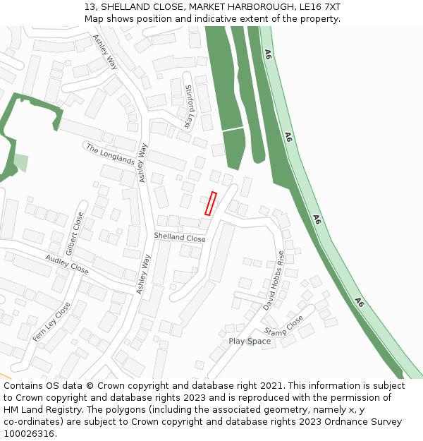13, SHELLAND CLOSE, MARKET HARBOROUGH, LE16 7XT: Location map and indicative extent of plot