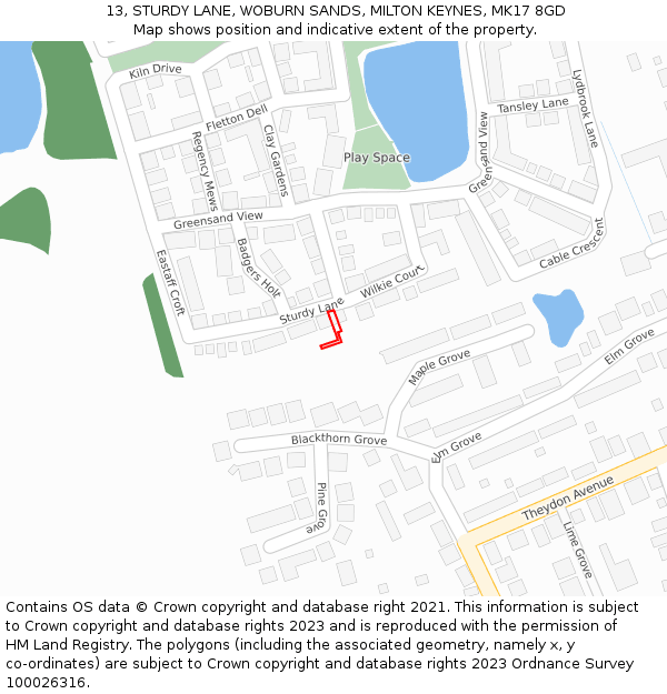 13, STURDY LANE, WOBURN SANDS, MILTON KEYNES, MK17 8GD: Location map and indicative extent of plot