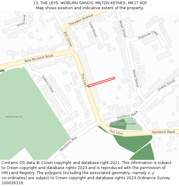 13, THE LEYS, WOBURN SANDS, MILTON KEYNES, MK17 8QF: Location map and indicative extent of plot