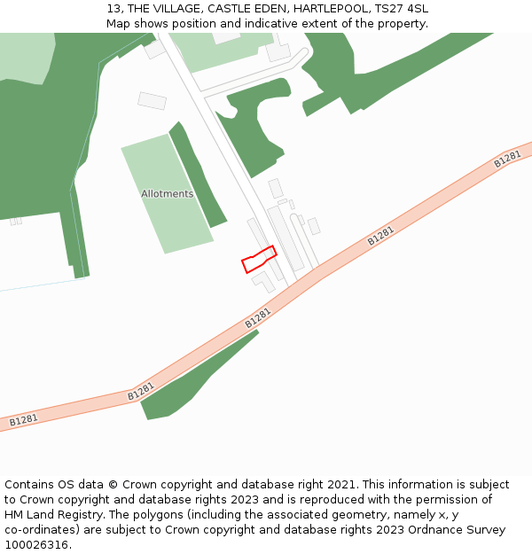 13, THE VILLAGE, CASTLE EDEN, HARTLEPOOL, TS27 4SL: Location map and indicative extent of plot
