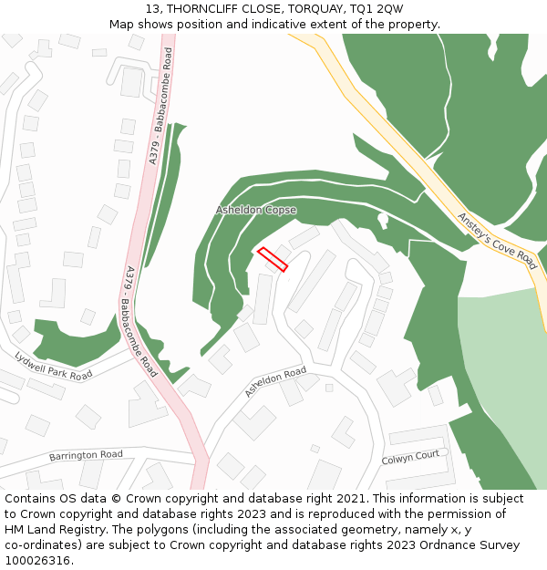 13, THORNCLIFF CLOSE, TORQUAY, TQ1 2QW: Location map and indicative extent of plot