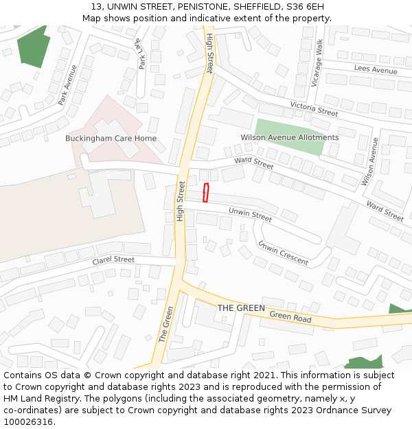 13, UNWIN STREET, PENISTONE, SHEFFIELD, S36 6EH: Location map and indicative extent of plot