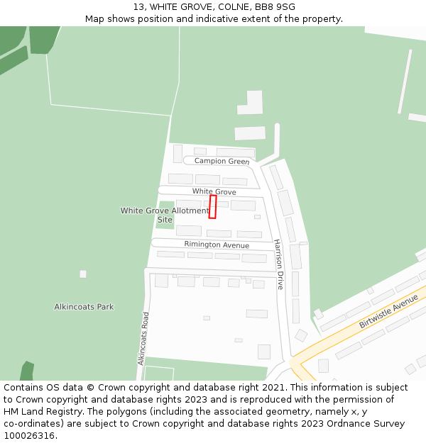 13, WHITE GROVE, COLNE, BB8 9SG: Location map and indicative extent of plot