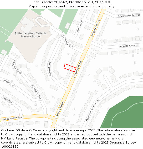 130, PROSPECT ROAD, FARNBOROUGH, GU14 8LB: Location map and indicative extent of plot