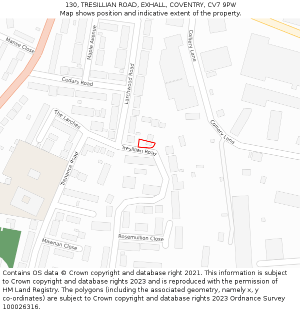 130, TRESILLIAN ROAD, EXHALL, COVENTRY, CV7 9PW: Location map and indicative extent of plot