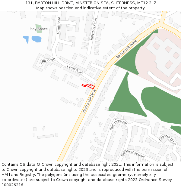 131, BARTON HILL DRIVE, MINSTER ON SEA, SHEERNESS, ME12 3LZ: Location map and indicative extent of plot