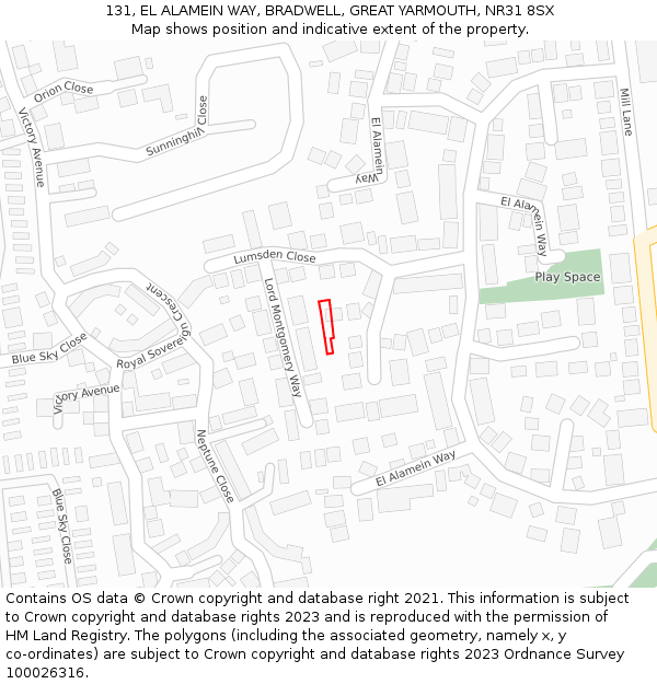 131, EL ALAMEIN WAY, BRADWELL, GREAT YARMOUTH, NR31 8SX: Location map and indicative extent of plot