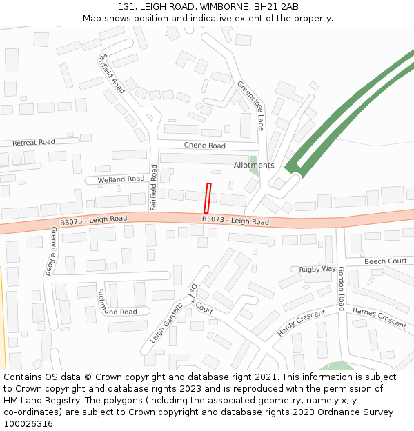 131, LEIGH ROAD, WIMBORNE, BH21 2AB: Location map and indicative extent of plot