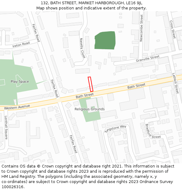 132, BATH STREET, MARKET HARBOROUGH, LE16 9JL: Location map and indicative extent of plot