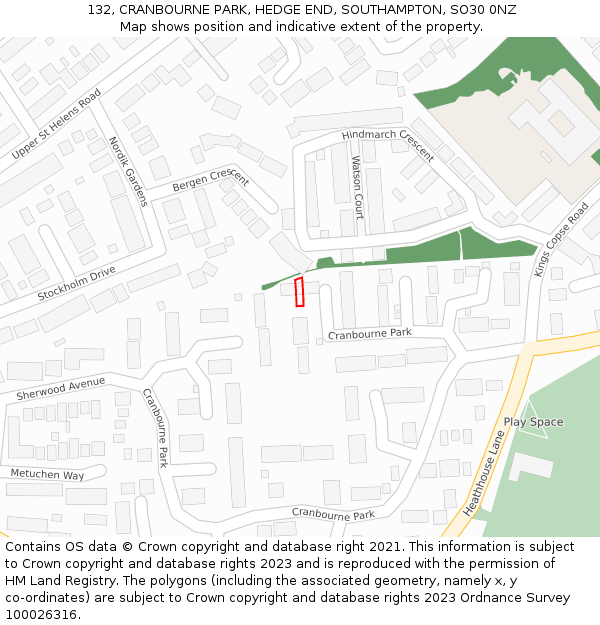 132, CRANBOURNE PARK, HEDGE END, SOUTHAMPTON, SO30 0NZ: Location map and indicative extent of plot