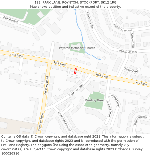 132, PARK LANE, POYNTON, STOCKPORT, SK12 1RG: Location map and indicative extent of plot