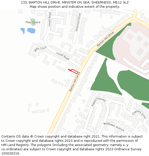 133, BARTON HILL DRIVE, MINSTER ON SEA, SHEERNESS, ME12 3LZ: Location map and indicative extent of plot