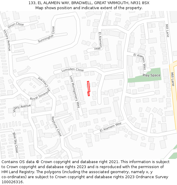 133, EL ALAMEIN WAY, BRADWELL, GREAT YARMOUTH, NR31 8SX: Location map and indicative extent of plot