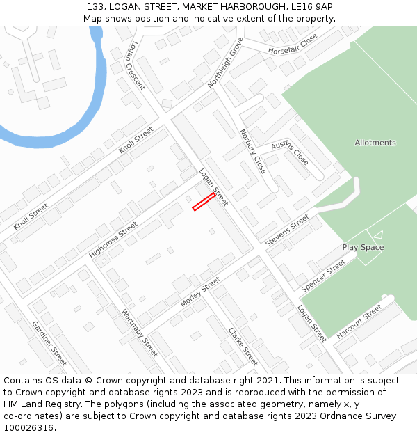 133, LOGAN STREET, MARKET HARBOROUGH, LE16 9AP: Location map and indicative extent of plot