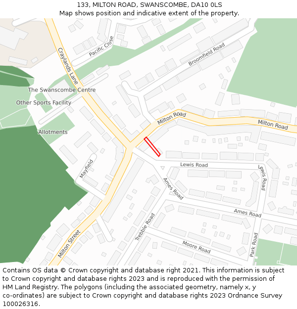 133, MILTON ROAD, SWANSCOMBE, DA10 0LS: Location map and indicative extent of plot