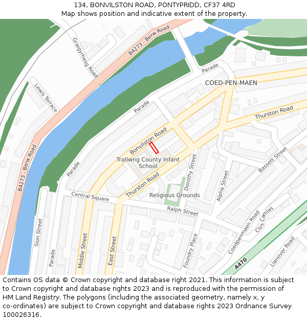 134, BONVILSTON ROAD, PONTYPRIDD, CF37 4RD: Location map and indicative extent of plot