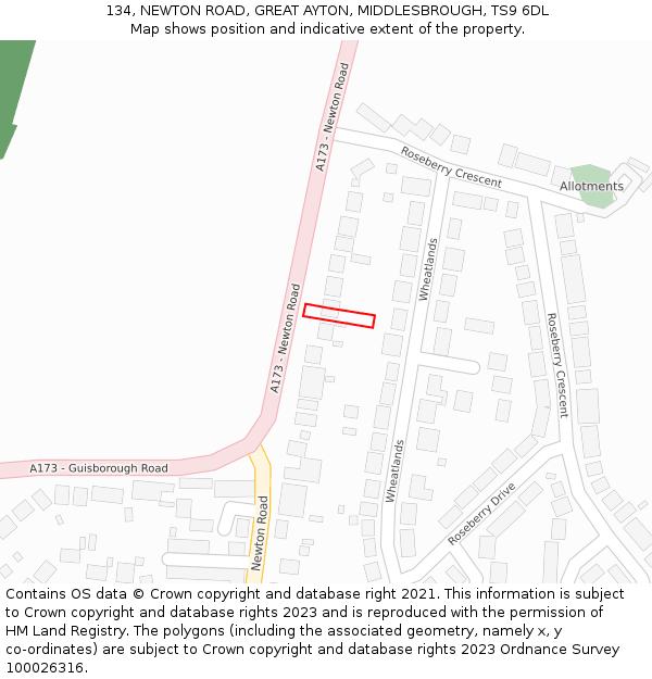 134, NEWTON ROAD, GREAT AYTON, MIDDLESBROUGH, TS9 6DL: Location map and indicative extent of plot