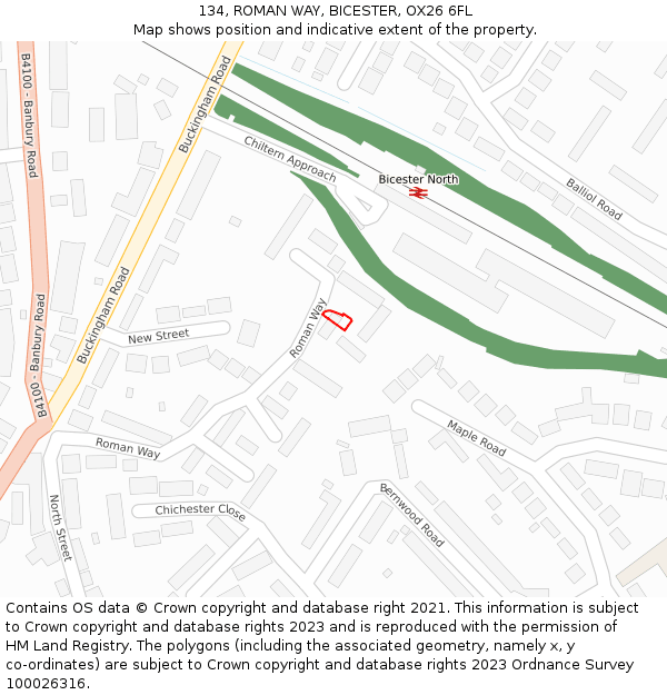 134, ROMAN WAY, BICESTER, OX26 6FL: Location map and indicative extent of plot