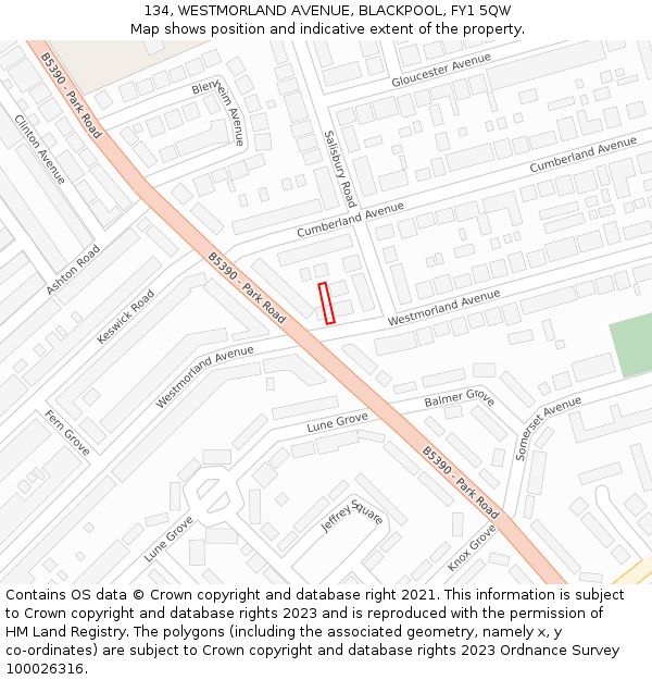 134, WESTMORLAND AVENUE, BLACKPOOL, FY1 5QW: Location map and indicative extent of plot