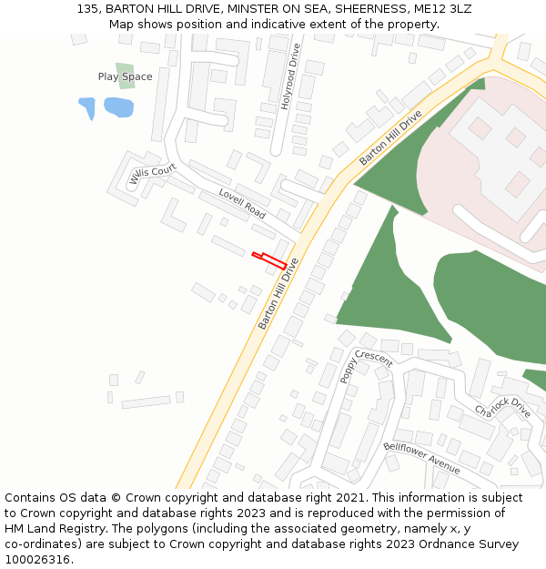 135, BARTON HILL DRIVE, MINSTER ON SEA, SHEERNESS, ME12 3LZ: Location map and indicative extent of plot