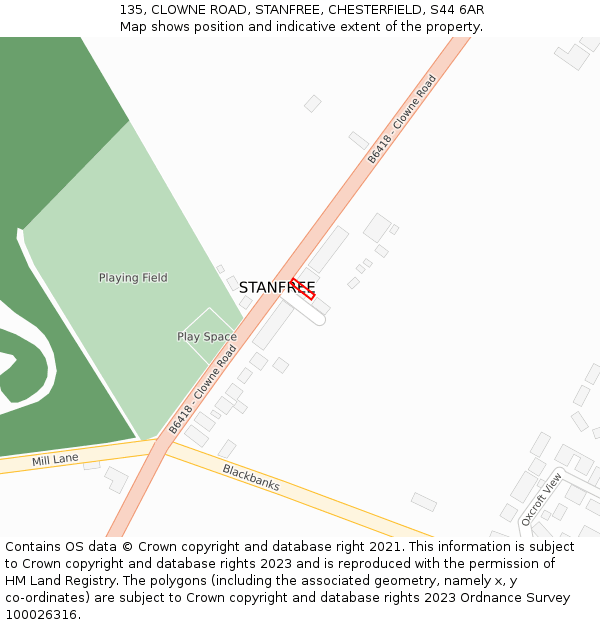 135, CLOWNE ROAD, STANFREE, CHESTERFIELD, S44 6AR: Location map and indicative extent of plot
