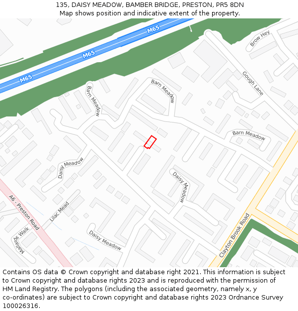 135, DAISY MEADOW, BAMBER BRIDGE, PRESTON, PR5 8DN: Location map and indicative extent of plot