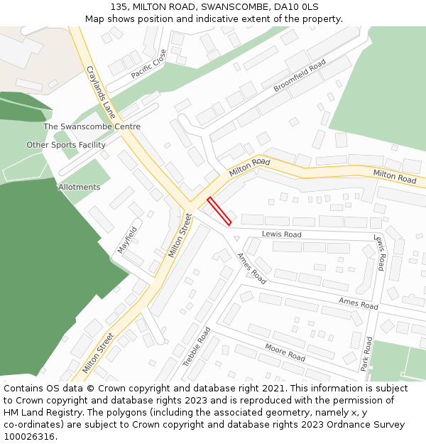 135, MILTON ROAD, SWANSCOMBE, DA10 0LS: Location map and indicative extent of plot