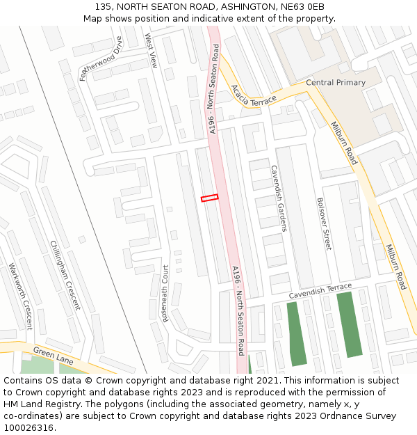 135, NORTH SEATON ROAD, ASHINGTON, NE63 0EB: Location map and indicative extent of plot