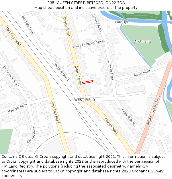 135, QUEEN STREET, RETFORD, DN22 7DA: Location map and indicative extent of plot